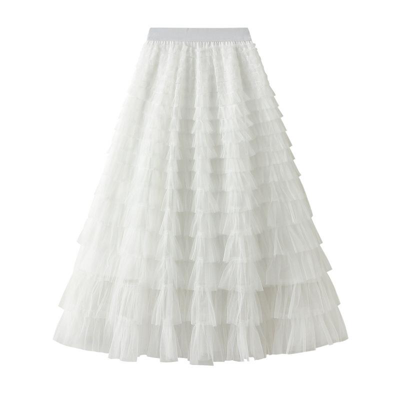 Women's Sweet Black White Tutu Skirts Tulle Cake Long Skirt Women Spring Summer Ruffle Pleated A-Line Chic Skirt