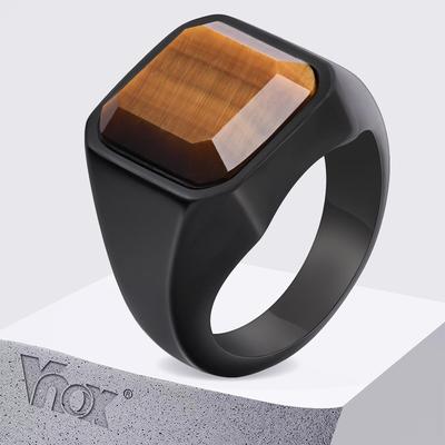 Vnox Tiger Eye Stone Ring for Men, Geometric Square Stainless Steel Metal Finger Ring, Stylish Ring Band Wedding Gift Size 7-12