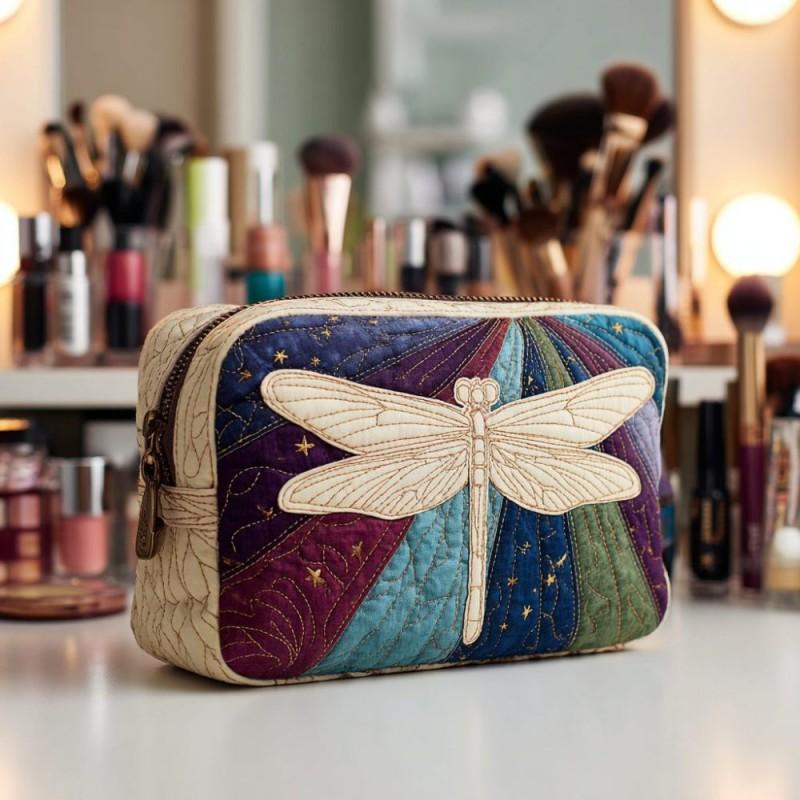 Dragonfly Print Quilted Makeup Bag Multi-functional U-shaped Storage Pouch