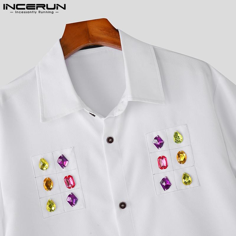 INCERUN MenTurn Down Collar Short Sleeve Acrylic Diamonds Patchwork Loose Cropped Shirts