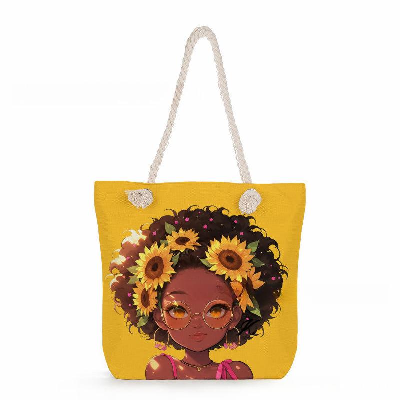 Multifunctional Fairy Tale Style Printed Thick Rope Shoulder Beach Bag Casual Large Capacity Handbag 0106 CLE