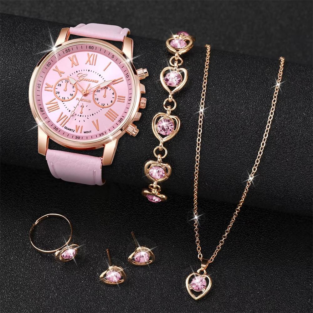 

6PCS/Set Fashion Women s Quartz Watch Leather Band Analog Wrist Watches Heart Rhinestone Jewelry Set(Without Box)