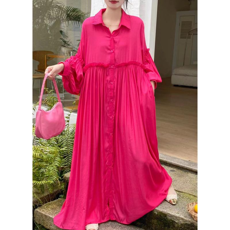 

Корейские свободные платья-рубашки на пуговицах для женщин, летние повседневные однотонные длинные платья, элегантное платье с длинным рукавом и отложным воротником One Size красный