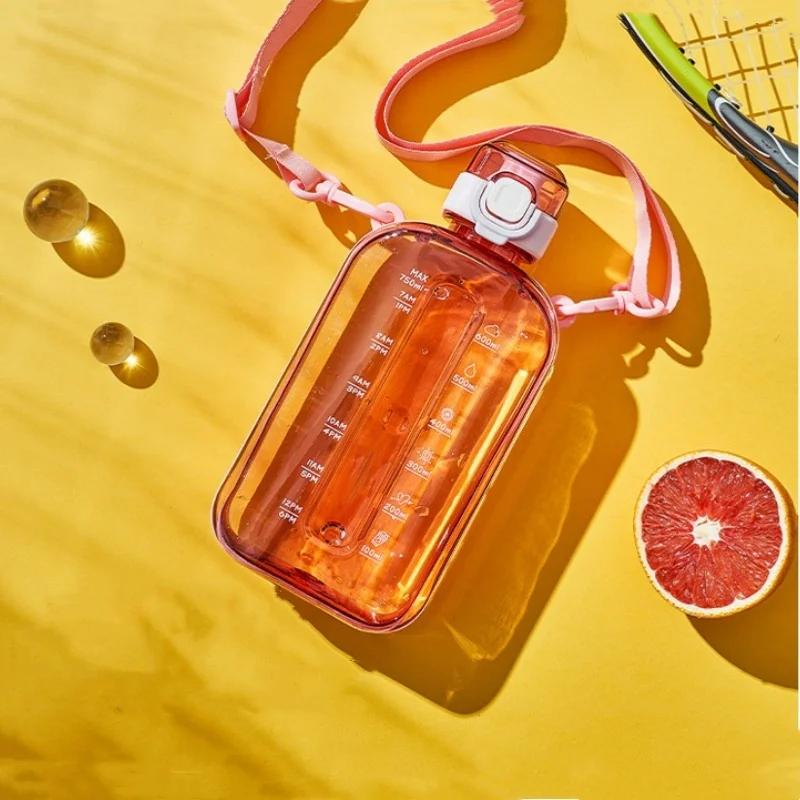 1Pcs Flat Square Transparent Water Bottle Portable Travel Canteen With Adjustable Strap Elegant Slim Bottle For Sport Camping
