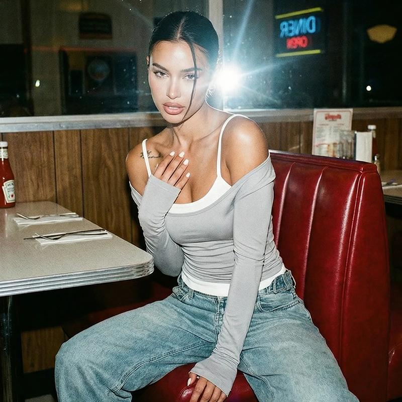 Summer Fashion Contrast T-shirt 2 Piece-Set Women's Off-Shoulder Long Sleeve Patchwork Cropped Top Female Commute Tee Top