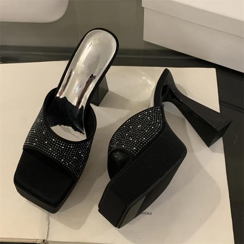 Eilyken Summer Square Toe Crystal Rhinestone Slippers Women Chunky Platform Heels Shoes Zapatos De Mujer