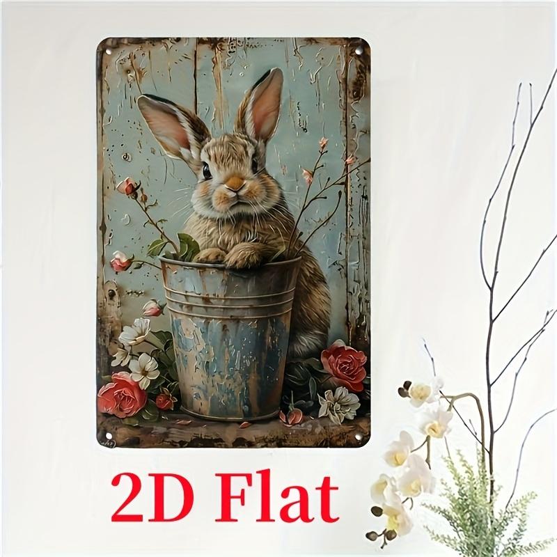 2D Flat Couple Easter Iron Metal Tin Sign, Retro Vintage Bunny Rabbit Poster for Cafe Kitchen Easter Party Farmhouse Wall Decor