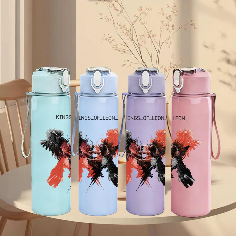 1PC Red winged creature band print 750ml colorful plastic sports water bottle leakproof pop up lid with straw for outdoor work home use