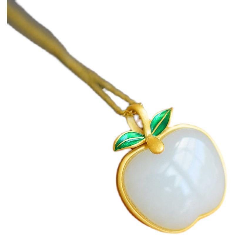 Apple Natural Hetian Jade Pendant Necklace: S925 Sterling Silver, Gold-Plated, Inlaid, Retro National Tide Style, for Women.