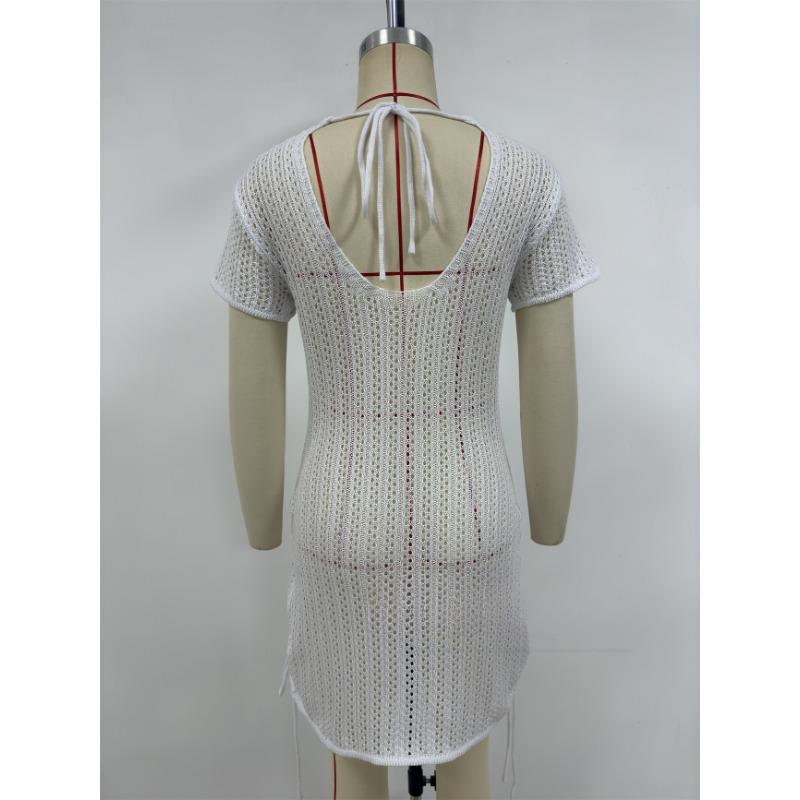 Damska nowa letnia seksowna sukienka typu halter ze ściągaczem i średnim stanem i krótkim rękawem