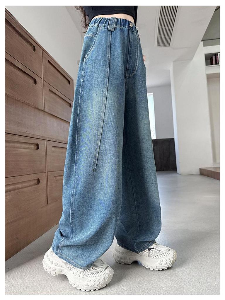 Girls' High-Waisted Wide-Leg Elastic Jeans for Kids - Slimming and Trendy Banana Pants
