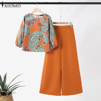 Retro Print 3/4 Sleeve Blouse and Pants Casual Two Piece Sets