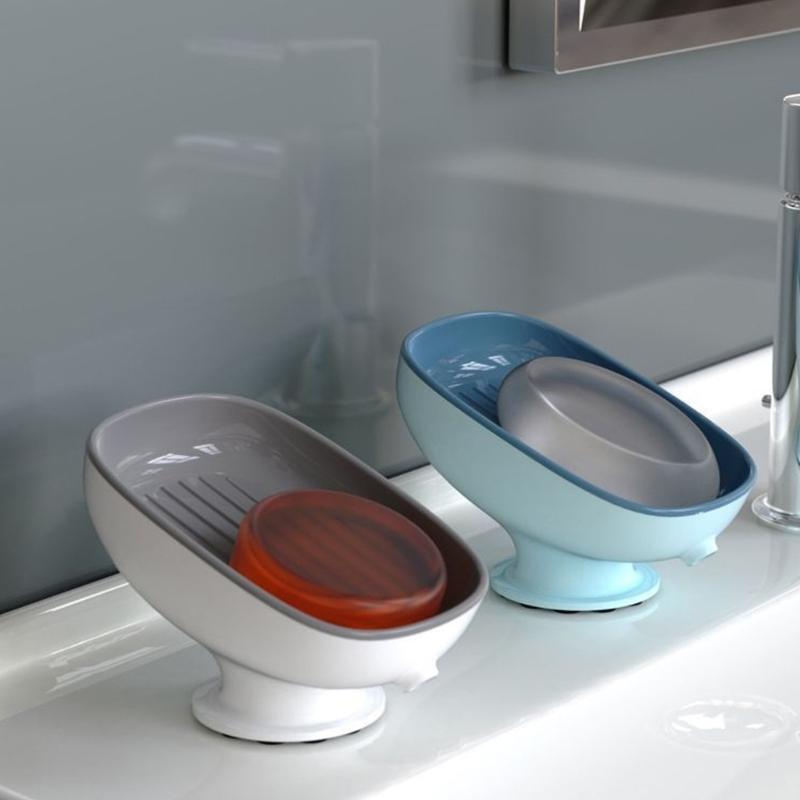 Stilvolle Seifenschale mit Saugnapf, Designs mit Wasserablauf, Badezimmer-Organizer, Platzsparende Kunststoffablage