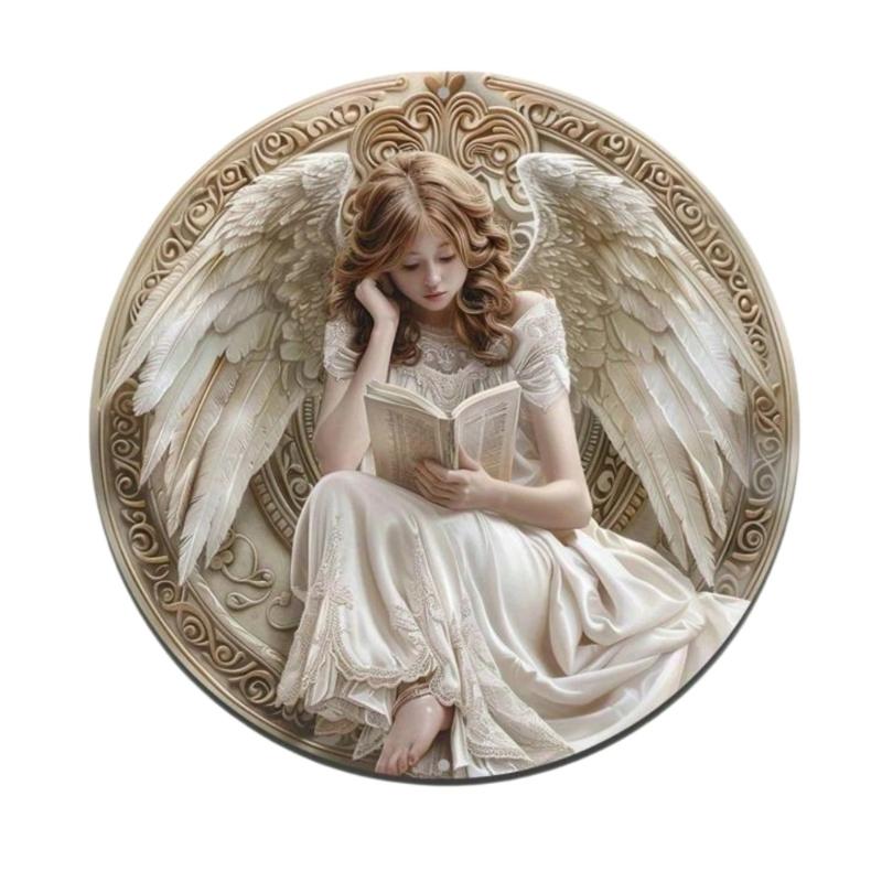 

Artistic Angel Reading Book Theme Round Sign Wall Hanging Ornament Wooden Front Door Plaque Farmhouse Decoration Gift