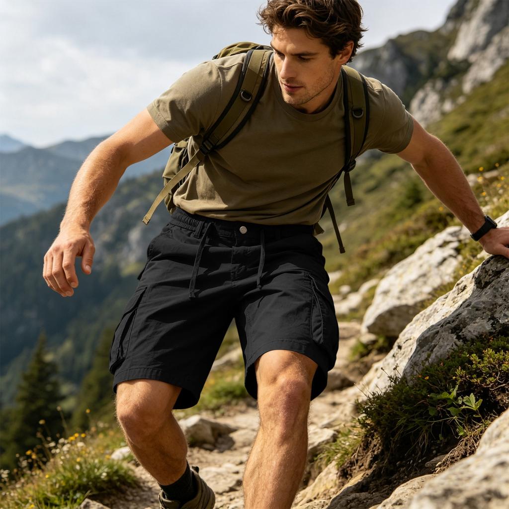 Men Cargo Shorts Relaxed Fit Drawstring Waist Multiple Pockets Lightweight Cotton Casual Outdoor Shorts