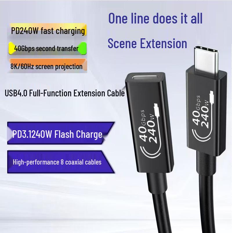 USB4 Male to Female Extension Cable, 240W Fast Charge, 40Gbps Transmission, Thunderbolt 4/3 Compatible, Type-C Data Cable.