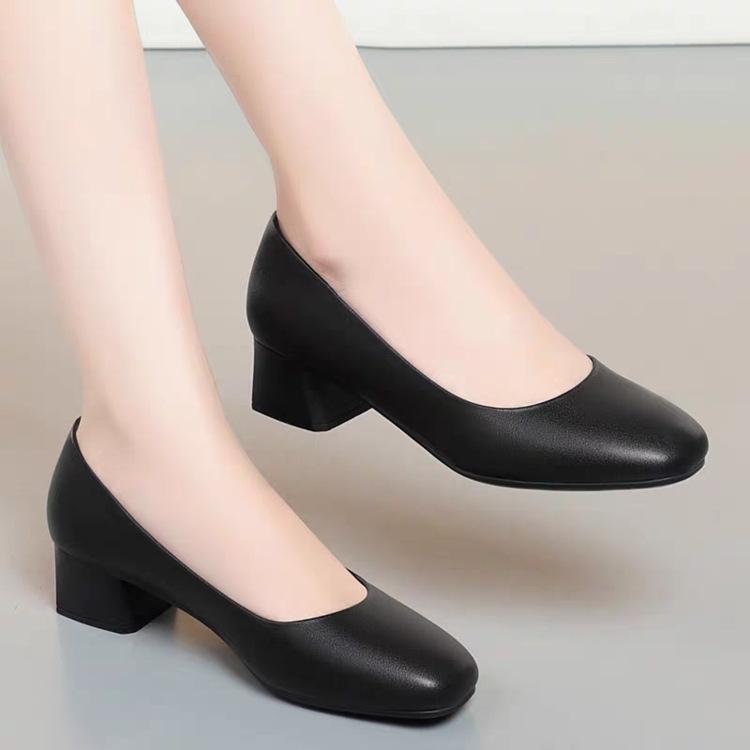Autumn Square Head Soft Sole Thick Heel Long Standing Not Tired Flight Attendant Work Shoes Interview Shoes Women Single Shoes Work Commuter Women's S
