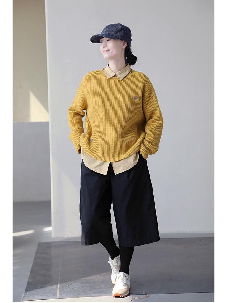 Four Seasons Retro Black Pure Cotton Elastic Waist Loose Casual Canvas Trousers