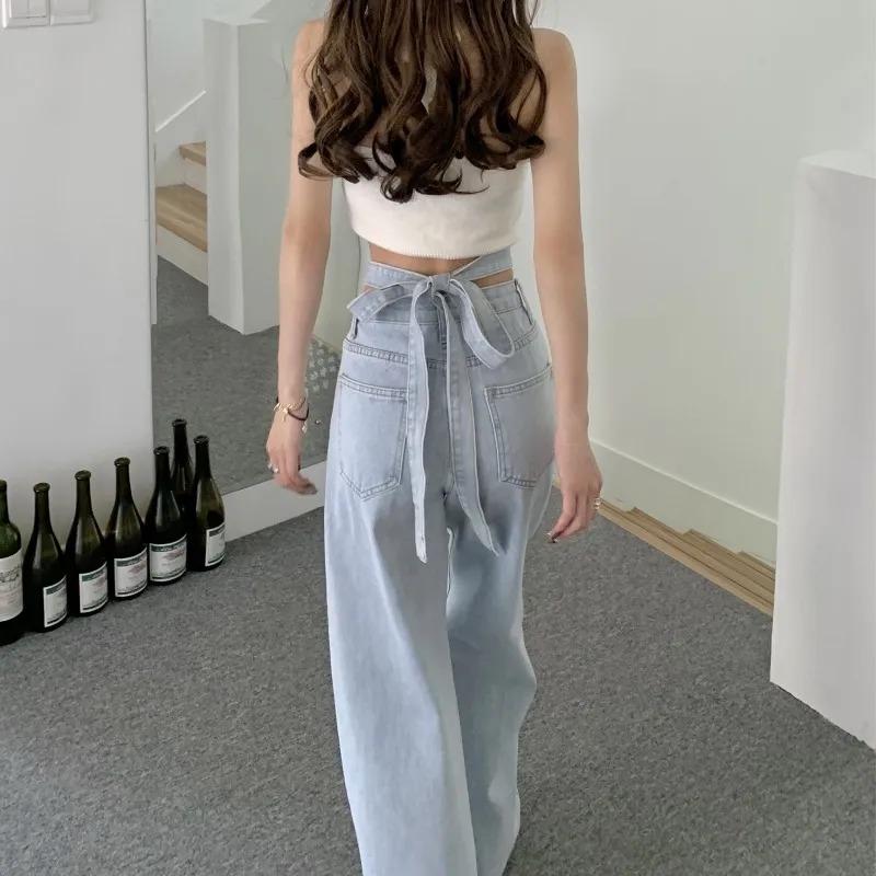 Pantalones vaqueros de mujer de talle alto con cordones, estilo Y2K, para primavera, verano y otoño, de pierna ancha y recta, largos hasta el suelo.