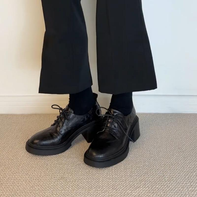 

Cowhide version~ retro platform high-heeled women s and women s versatile height-increasing round head lace-up small leather shoes 40