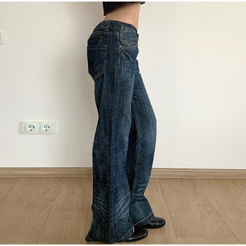 Patchwork Pockets Jeans Korean Fashion Low Rise Casual Straight Denim Pants Distressed Y2k Trousers for Women Basic Solid Color Jean