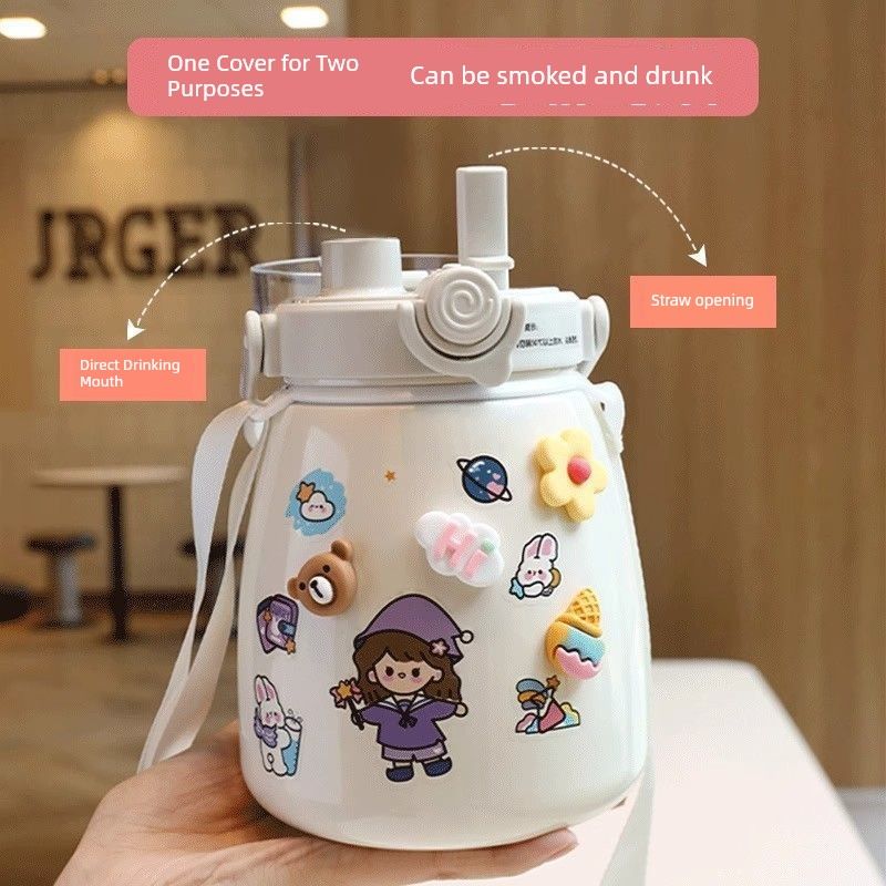 New 316 Stainless Steel Large-Capacity Insulated Cup Cartoon Portable Big Belly Straw Cup for Children and Girls Going to School