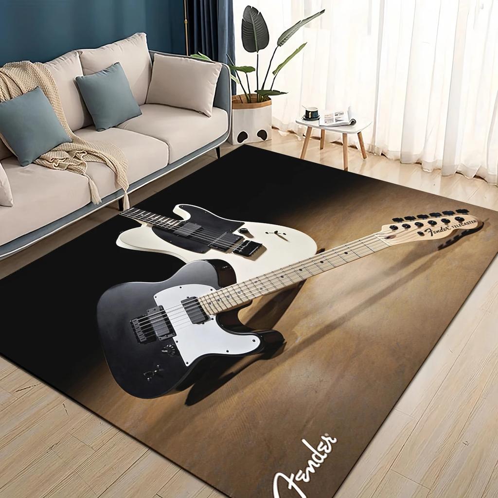 Alfombra 3D Retro con logo Fender para Instrumentos de Guitarra Música para Sala de Estar Dormitorio Hogar Decoración de Sofá, Alfombra de Piso Antideslizante para Niños