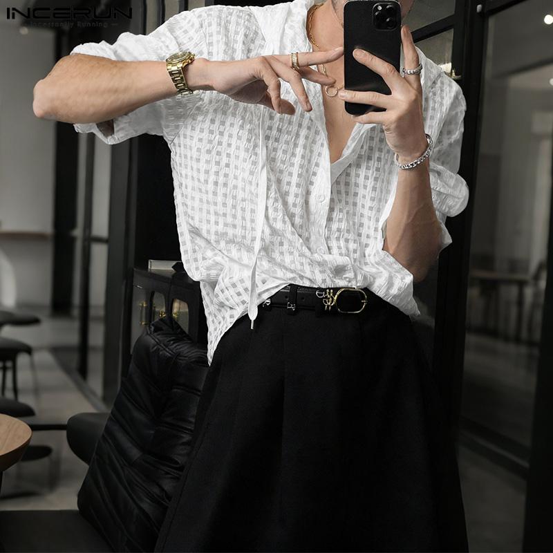 INCERUN Men Long Sleeve Buttons Plaid Transparent Hooded Shirts Outside Wear