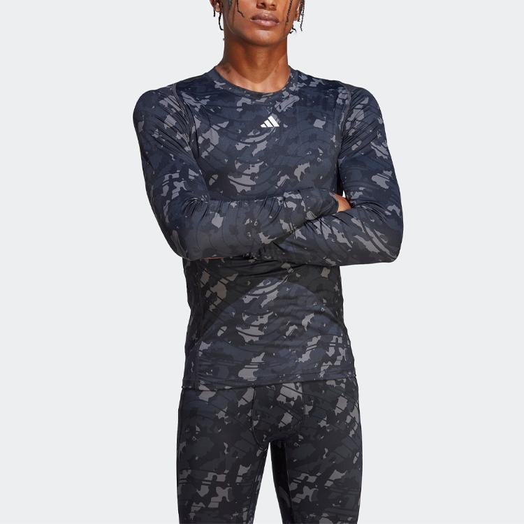 Adidas Techfit Allover Print Tee Logo Long Sleeve T-Shirt Men Tops Dark-Blue HS9797