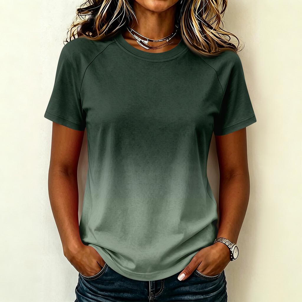 Women's Casual Raglan Sleeve Crew Neck Short Sleeve Top Gradient Print Lightweight Soft Fabric Relaxed Fit