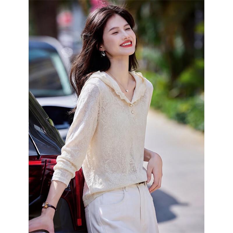 Women s Hollow-Out Lace Hooded Pullover Top M