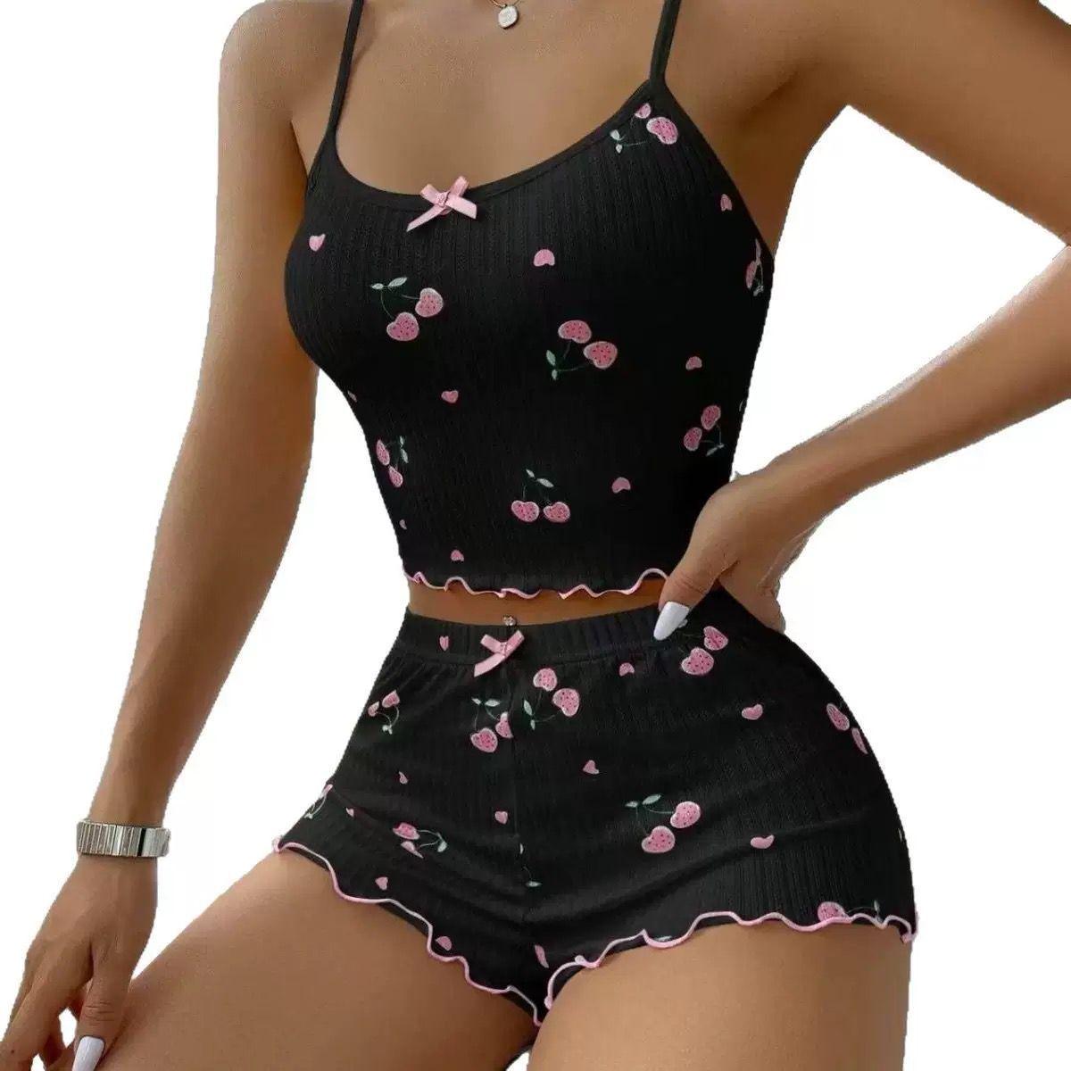 

Summer pure desire suspender sexy pajamas two-piece set floral women s loungewear erotic underwear XL