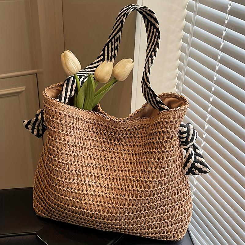 Boho Chic Große Gewebte Stroh-Tragetasche für Damen, Pendler-Handtasche, Schultertasche, Perfekt für Frühlingsausflüge, Strandtasche,