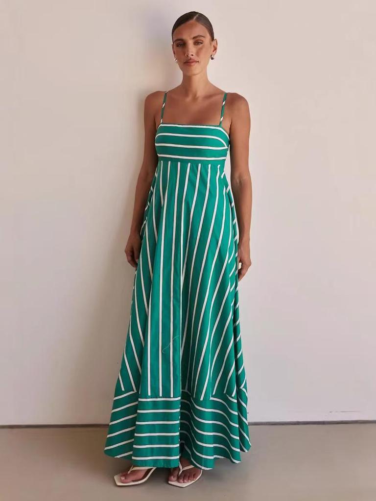 Spring/Summer 2024 Striped Off-Shoulder Wide-Hem Camisole Dress - Fresh Casual Vacation Style