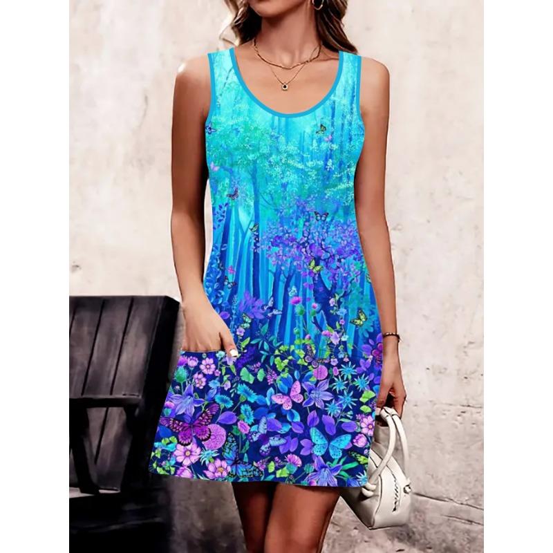 Women s Plus Size Fashion Casual Butterfly Forest Pattern Print Double Pocket Tank Top Dress S