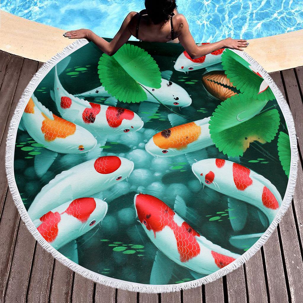 Koi Fish Round Beach Towel Soft Sand Free Quick Dry Circle Bath Towel Absorbent Meditation Rug Yoga Mat Throw Fringe Tapestry