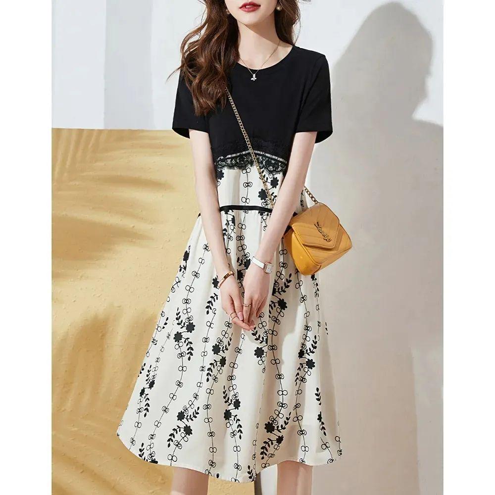 2026 Summer Printed Patchwork Two-Piece Midi Dress - Loose Fit, Slimming Tummy Conceal, Korean Style