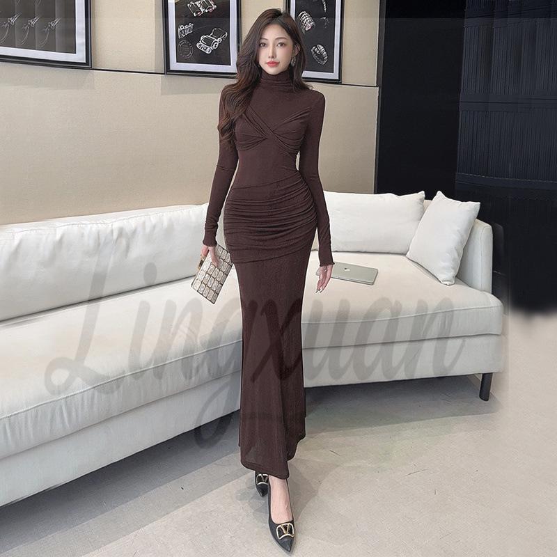 Autumn/Winter High Neck Ruched Cross-Front Slim-Fit Long Sleeve Dress, Wearable As a Base Layer, Hip-Hugging Long Skirt