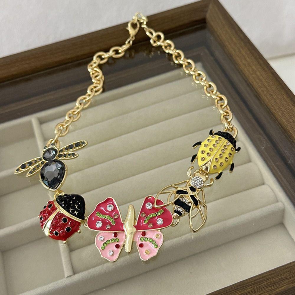 Butterfly Insect Pendant Necklace Metal Chain Rhinestone Choker Vintage Enamel Necklace  Women