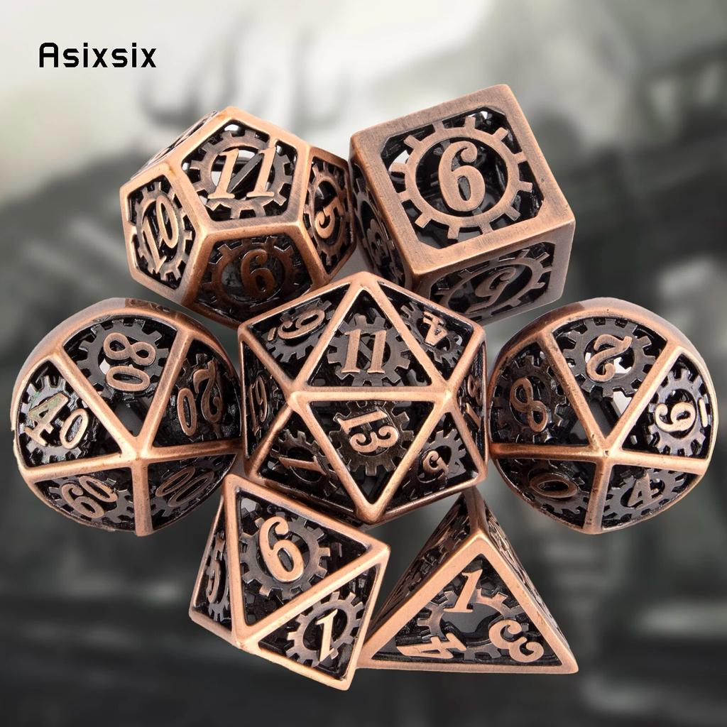 7-teiliges Kupferrad-Getriebe-Metallwürfel-Set aus hohlem polyedrischem Metall, geeignet für Rollenspiele, RPG-Brettspiele, Kartenspiele
