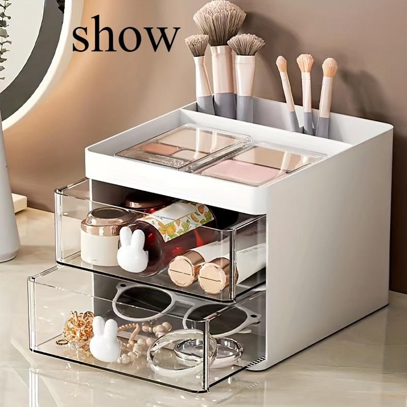Διαφανές κουτί αποθήκευσης με συρτάρι και λαβή κουνελιού, χαρτικά γραφείου, καλλυντικά, πινέλο φρυδιών, γυαλιά, οργανωτής κοσμημάτων, κατάλληλο για γραφείο, συρταριέρα.
