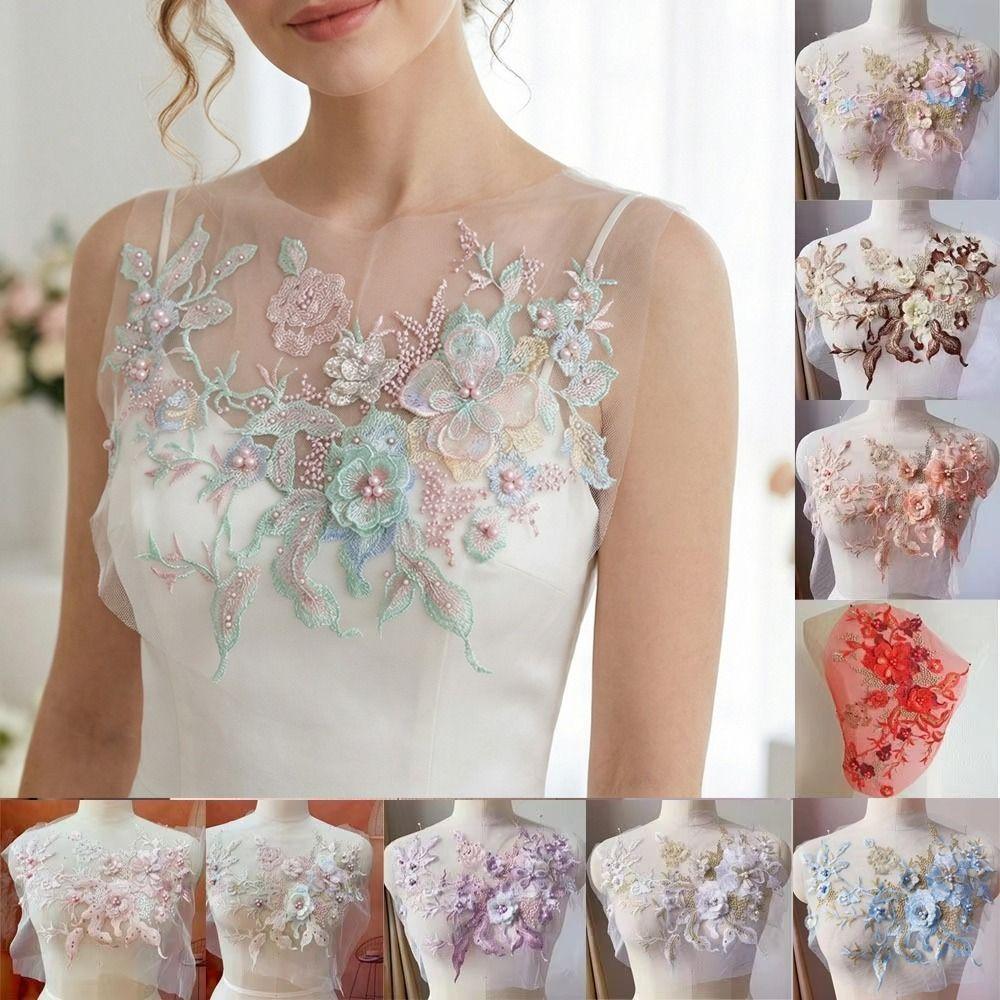 Colorful Sequined Sewing On Patches 3D Flowers Beaded Lace Applique  Collar Patch