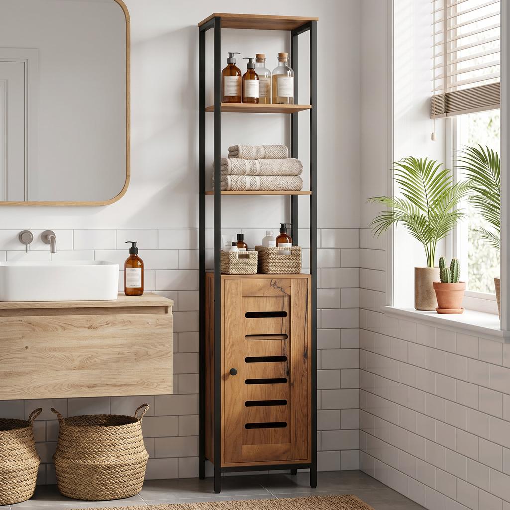 Industrial bathroom column cabinet 3 open shelves louvred door adjustable shelves rustic brown