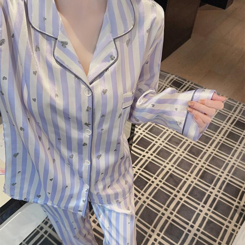 Spring Summer Purple Striped Pajamas Set for Women Sleepwear Long Sleeve Button Top and Long Pants Set Homewear Loungewear