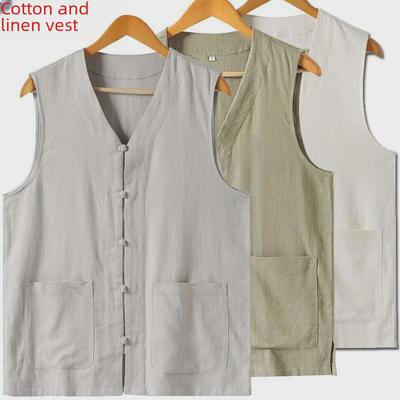 Chaleco de Verano para Hombre de Algodón-Lino Estilo Chino Traje Tang - Ligero para Mediana Edad y Ancianos, Tallas Grandes Disponibles
