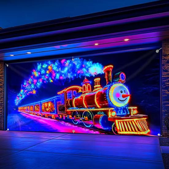 UV-aktivert julegarasjeportdeksel Fluorescerende 2D Flatt juleportbanner Opplyst høytidskartoonbakgrunn for jul Innendørs utendørs veggdekor