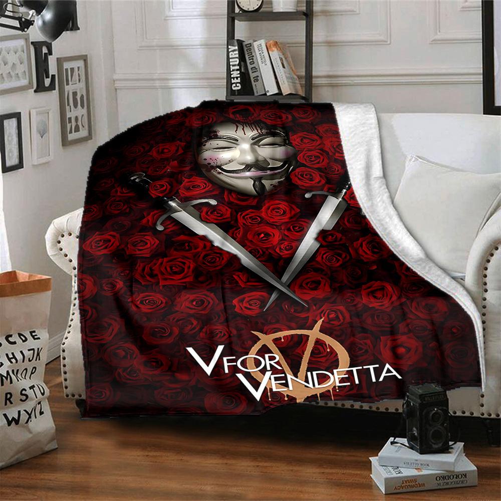 1pc V for Vendetta Flannel Throw Blanket - HD Printed Lightweight Soft Warm All-Season Blanket for Sofa, Bed, Travel, Camping 092