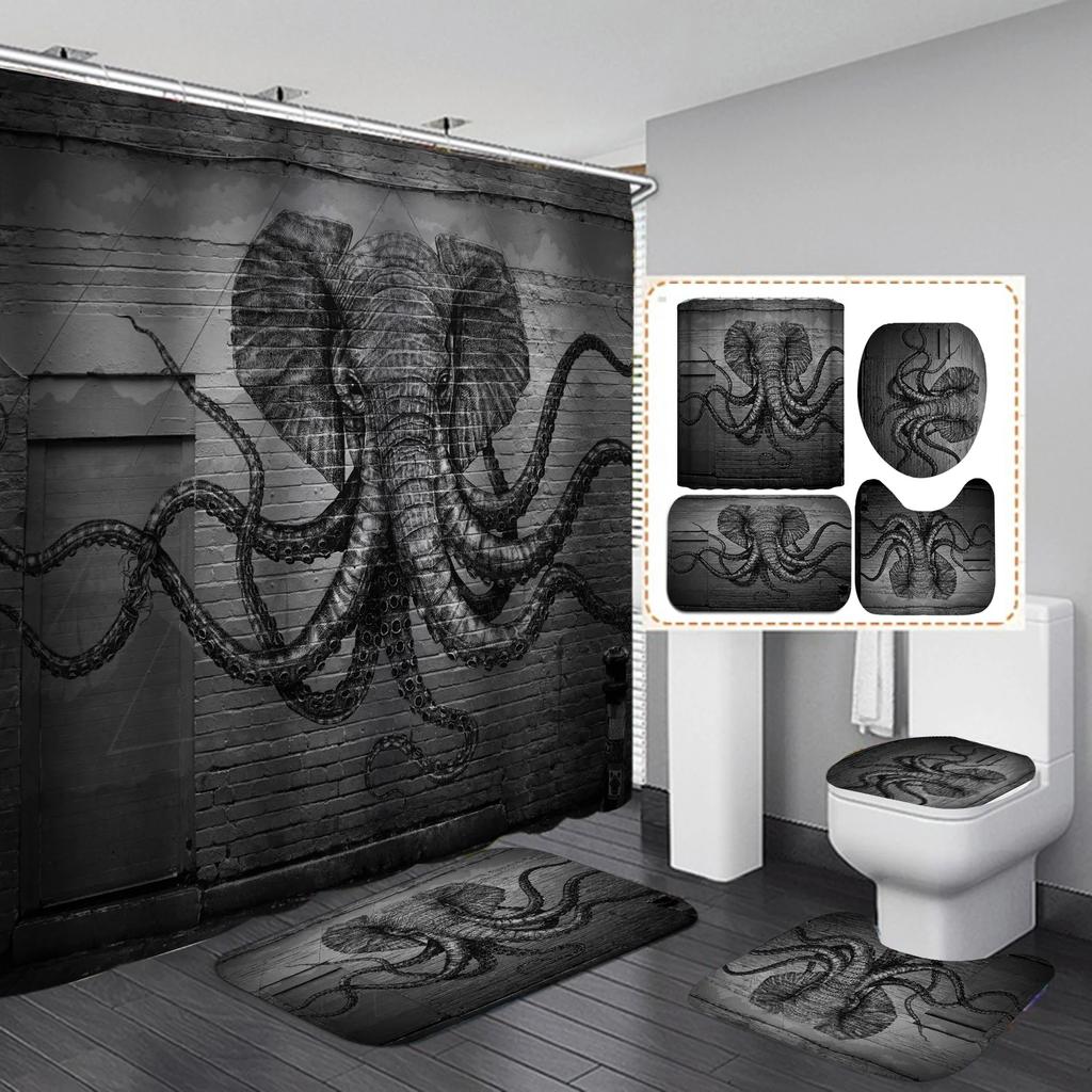 Ocean Monster Octopus Print Shower Curtain Set Waterproof Bathroom Curtain Set With Rugs Toilet Cover Mat For Bathroom Decor