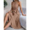 Sleeveless Summer Pleated A-line Dress Casual Solid Color Loose Party Lace-up Elegant Dresses Fashion Midi Sweet Stand Collar Holiday Clothing