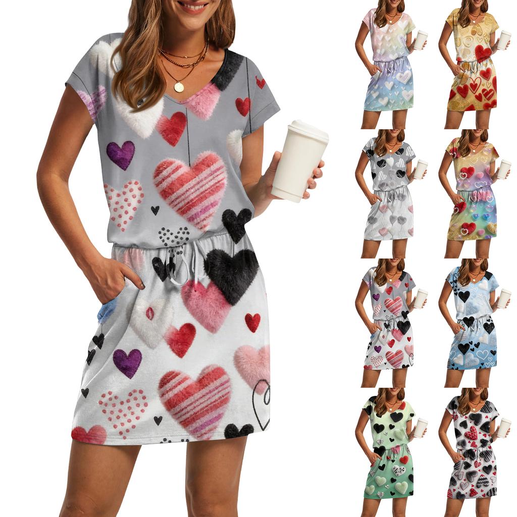 Vestito casual da donna con scollo a V, maniche corte, coulisse, tasca, stampa San Valentino